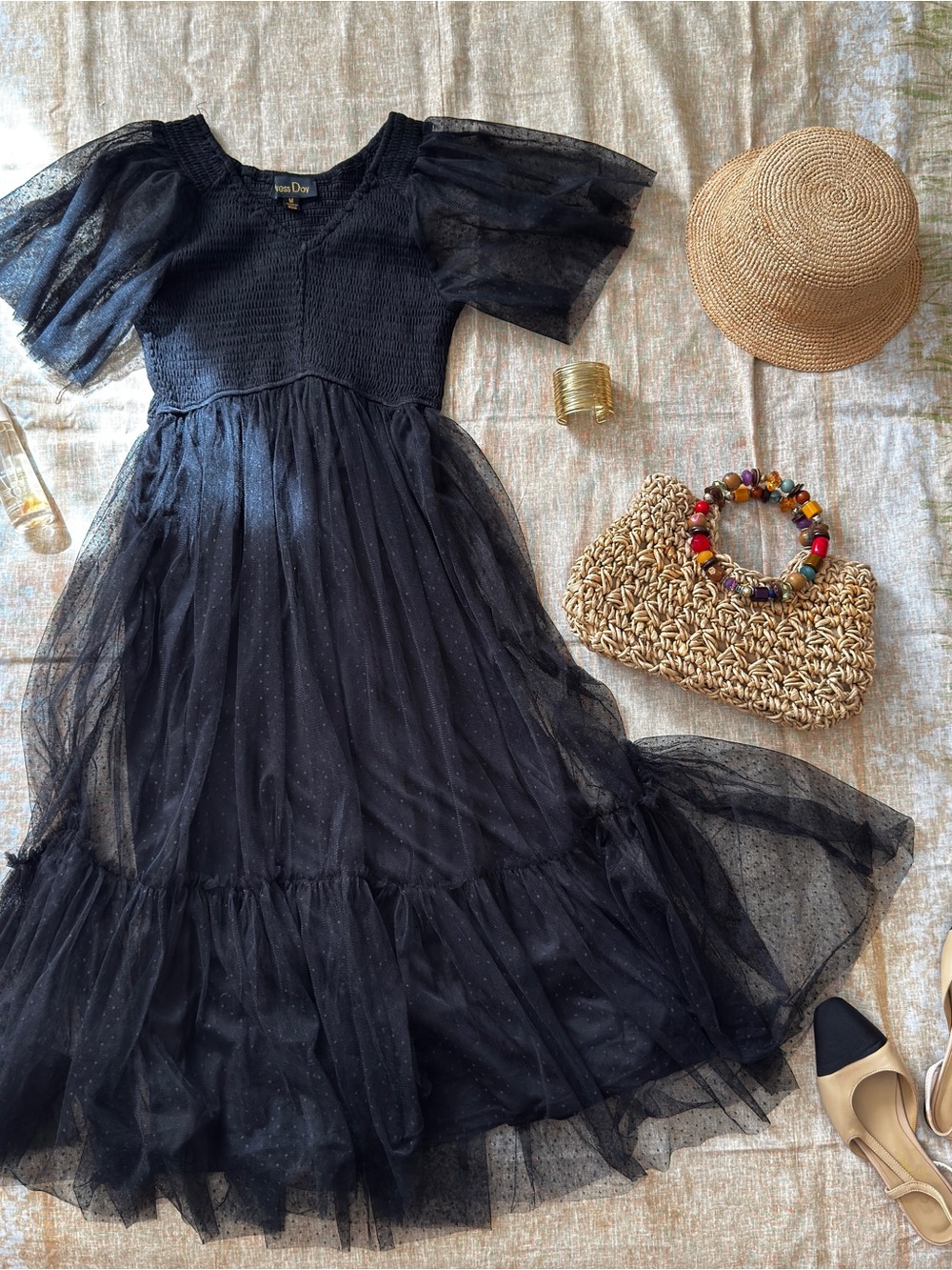 Mesh dot black midi dress with ruffles